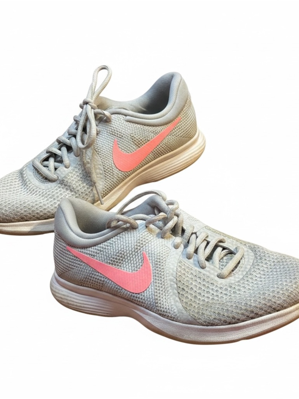 Nike Women's Mesh Running Sneakers - Light Gray with Pink Swoosh
